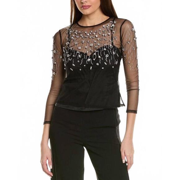 NEW BEULAHSTYLE sheer rhinestones top in black